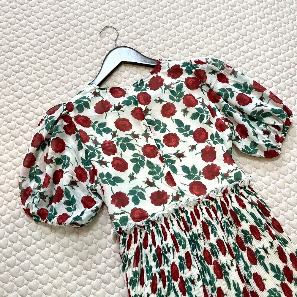 NWT GANNI Floral Print Pleated Georgette Mini Dress Size 36 Jenney - Picture 10 of 12